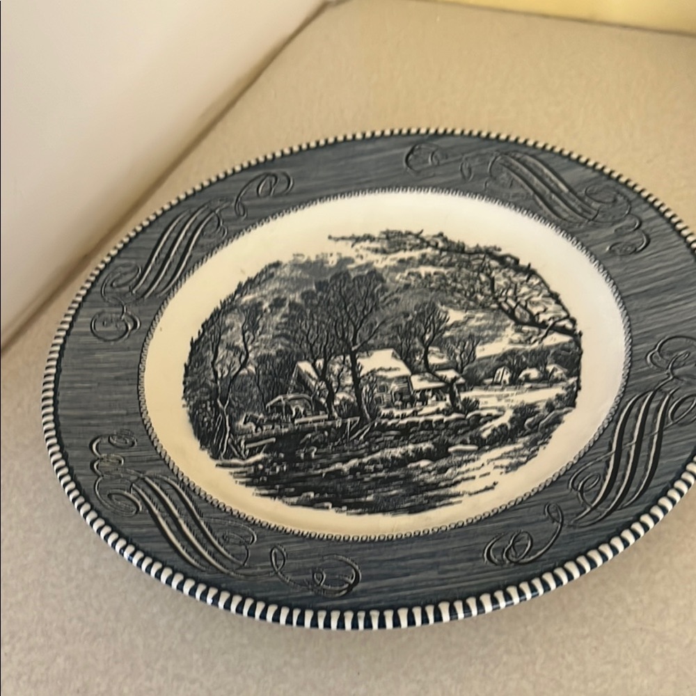 Blue and White Dinnerware Plate with Currier & Ives- the old grist mill